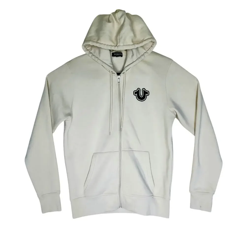 True Religion Men's Guitar Buddha Logo Fleece Full Zip Hoodie Cream Blue Size S